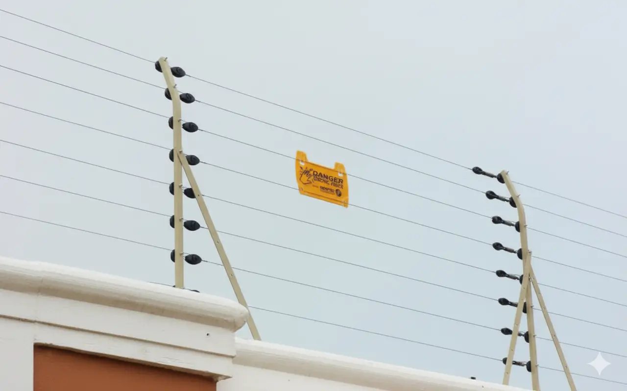 Electric fence energizer and wiring showing security add-on installation